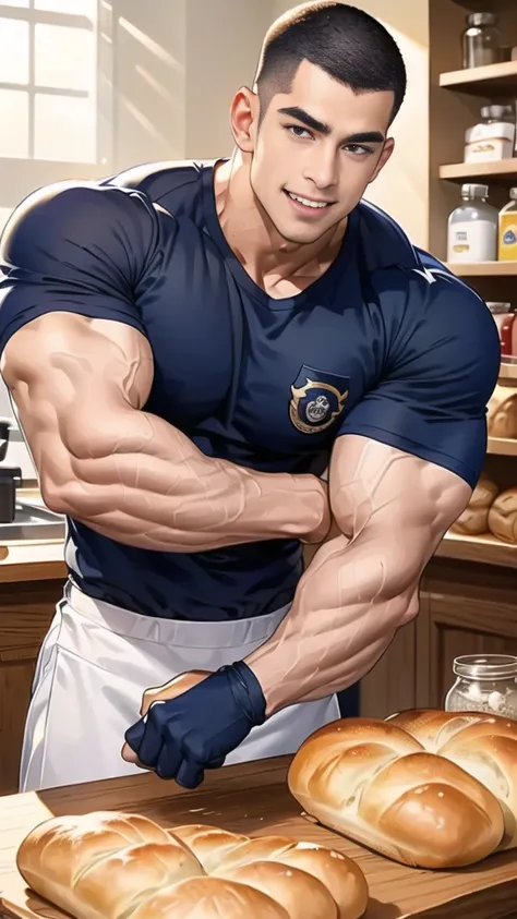 (handsome Man sitting on table eating bread ),(crew cut short hair:1.8),black eye,(Wear a fitted round neck t-shirt in navy with a police badge.:1.5),(fit neck),Navy blue jeans,(black_gloves:1.2), Korean guy,chest muscles,large arm muscles,blood vessel,Big...