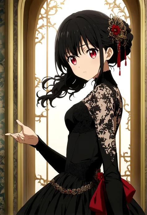 Girl with red eyes black hair anime 