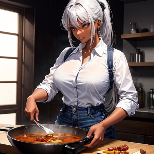 A dark-skinned woman with silver hair in a ponytail is making spicy curry., Wearing a black dress shirt and slim jeans,　　Showing your belly button　stall