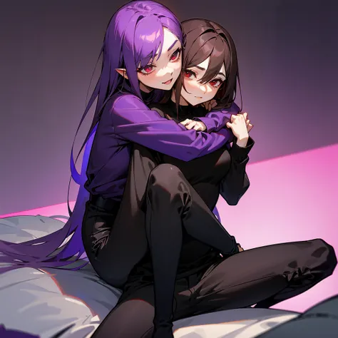 purple haired succubus,red eyes and wearing a short black dress hugging a teenager who is sitting on his legs the teenager has brown hair, dark brown eyes,and wearing black pants and a gray sweatshirt 