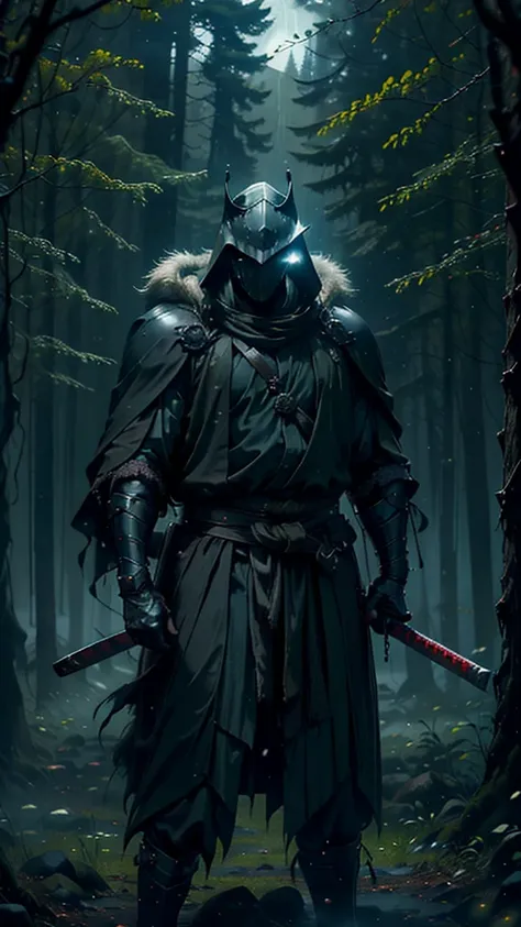 (Best Quality,ultra detailed),dark,wet,artificial raindrops falling,ancient medieval warrior standing in the rain, detailed face(fail),dense forest landscape,majestic and serene nature, shining brightly in the night sky,black medieval outfit with fluoresce...