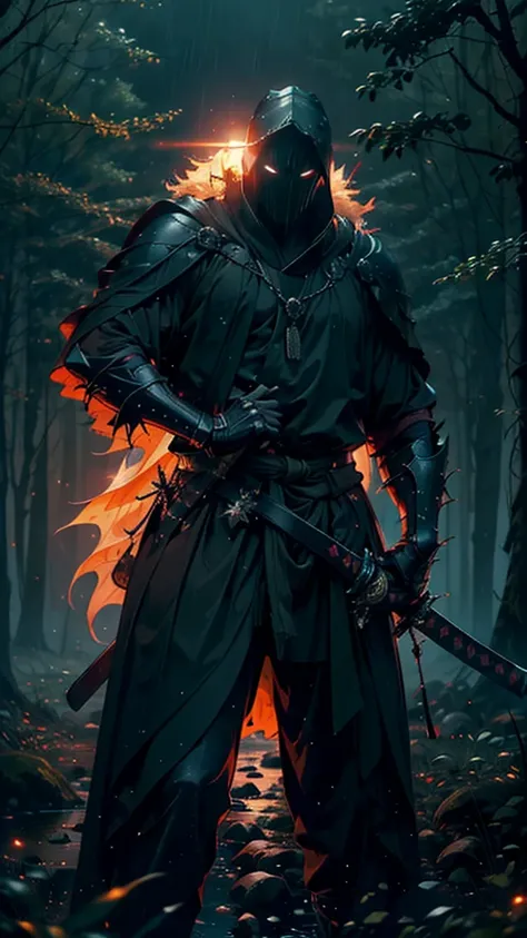 (Best Quality,ultra detailed),dark,wet,artificial raindrops falling,ancient medieval warrior standing in the rain, detailed face(fail),dense forest landscape,majestic and serene nature, shining brightly in the night sky,black medieval outfit with fluoresce...