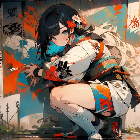 masterpiece, Highest quality, One girl, alone, Japanese clothing, Shorts,  (Japanese style graffiti:1.5), Against the wall, View your viewers, flower、Thighs、Black Hair、Landscape painting、fashion、