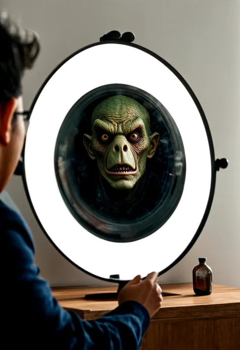 one person watching himself in a mirror, mimic monster image in mirror reflection