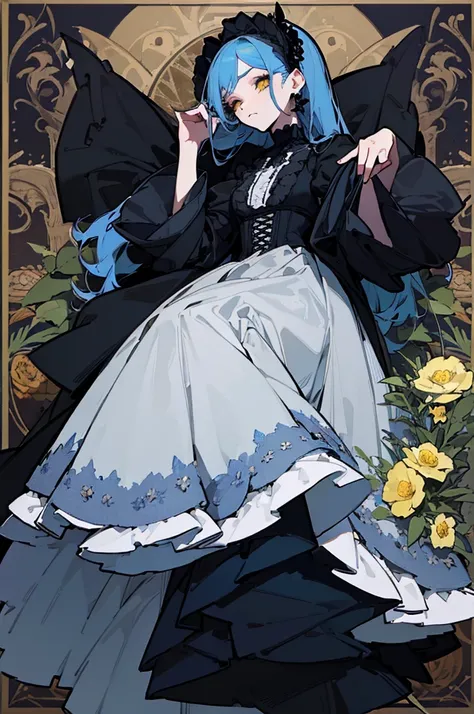 (Highest quality、masterpiece:1.2), ((Mature Woman))Huge , Adult face、Blue Hair、Both sides up、Yellow Eyes, (Dark eyeshadow、Lots of earrings) Gothic Dress, Black Dress, Victorian dress,Flower Field,Blue rose,whole body,model,whole body立ち絵,Down to the shoes