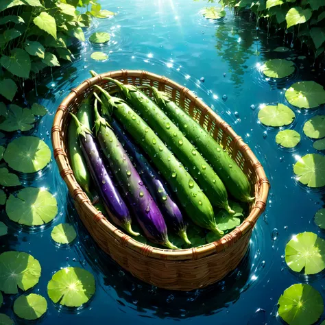 A weathered bamboo basket, laden with the bounty of a Japanese summer, floats gently on the crystal-clear surface of a mountain stream. Sunlight dances on the rippling water, casting a warm, inviting glow upon the scene. Three plump, perfectly ripe tomatoe...