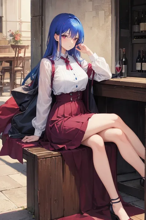 A woman，A woman in a wine red gauze skirt，The dignified blue-haired beauty is sitting cross-legged