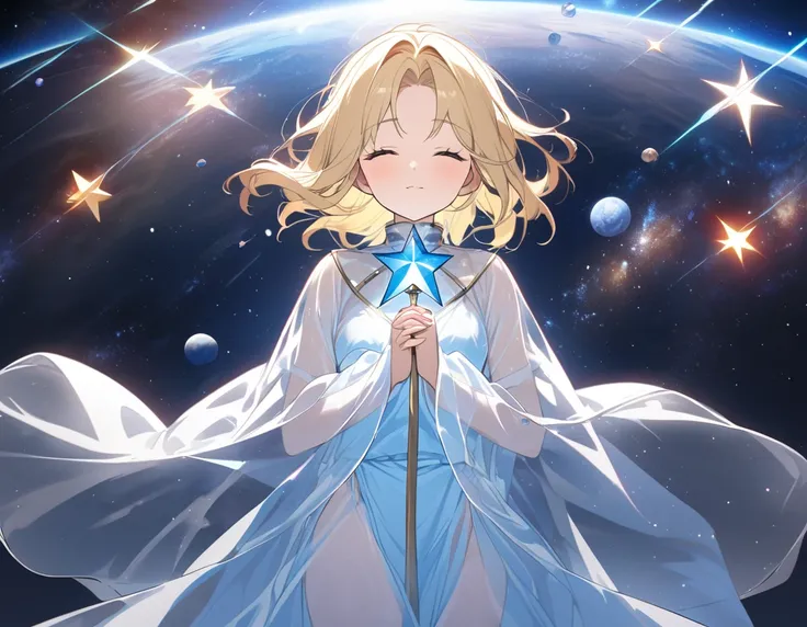 Red shining star, blue shining star, blonde goddess, transparent robe, prayer, eyes closed, space,