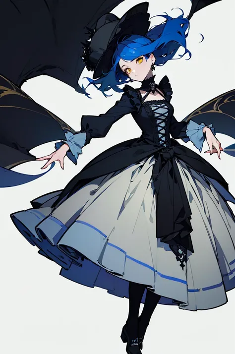 (Highest quality、masterpiece:1.2), ((Mature Woman))Huge , Adult face、Blue Hair、Both sides up、Yellow Eyes, (Dark eyeshadow、Lots of earrings) Gothic Dress, Black Dress, Victorian dress,Flower Field,Blue rose,White background,whole body,Down to the shoes