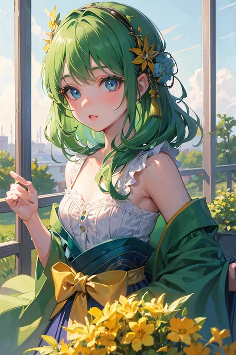 ８K, Highest quality, masterpiece, Ultra-detailed、hair accessory、Green Hair、Medium hair、hair accessory、full lips、Blue Eyes、１８Year-old beauty、Portrait、Schoolyard、Japanese 、Schoolyard、high school girl、Random facial expressions