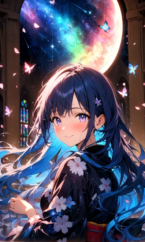 ((masterpiece:1.4)), (best quality), (ultra-detailed), anime style, 1girl, blue hair, long hair, musical note, shooting star, space, galaxy, aurora, seven-colored light, red rose, purple rose, white rose, close-up of face, butterfly, constellation, girl ri...