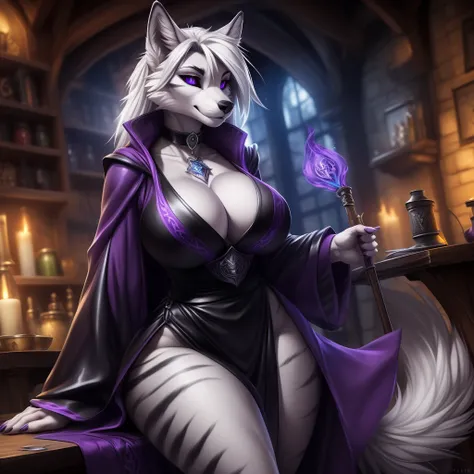 uploaded on e621, (by Wildering, by Koul, by fluff-kevlar, by aycee), solo, female wolf, wolf ears, neck tuft, hip tuft, leg tuft, wolf tail, ((black sclera, purple eyes)), ((sorceress robes)), ((painted portrait)), (masterpiece), (best quality), (anthro f...