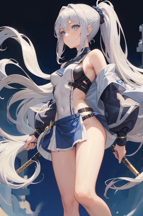 A young girl，A girl with long beige hair tied in a ponytail，A beauty with a dark blue scabbard on her waist，Bare white feet，Wearing a dark blue top and close-fitting silver soft armor，The lower body is white fitted breeches