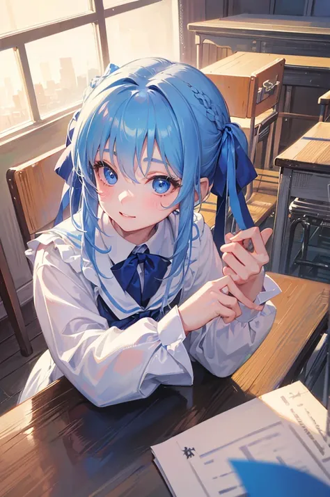 ８K, Highest quality, masterpiece, Ultra-detailed、Light blue hair、Medium hair, hair ribbon、hair ribbon、full lips、Blue Eyes、１８Year-old beauty、Portrait、School、smile、Japanese 、classroom、Random facial expressions