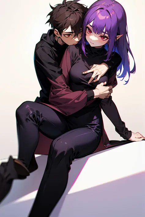 purple haired succubus,red eyes and wearing a short black dress hugging a teenager who is sitting on his legs the teenager has brown hair, dark brown eyes,and wearing black pants and a gray sweatshirt 