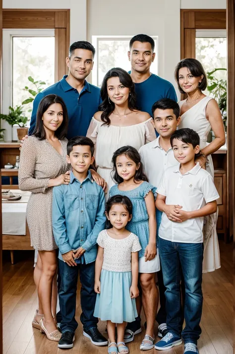 Big family picture. Young husband and wife with small children, along with parents who are in their 50s. Aesthetic picture of the whole family.