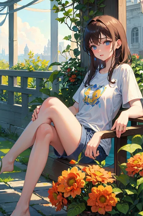 ８K, Highest quality, masterpiece, Ultra-detailed、headphone、Light brown hair、Medium hair, headphone、full lips、Blue Eyes、１８Year-old beauty、Portrait、、garden、T-Shirts、Shorts、Random facial expressions