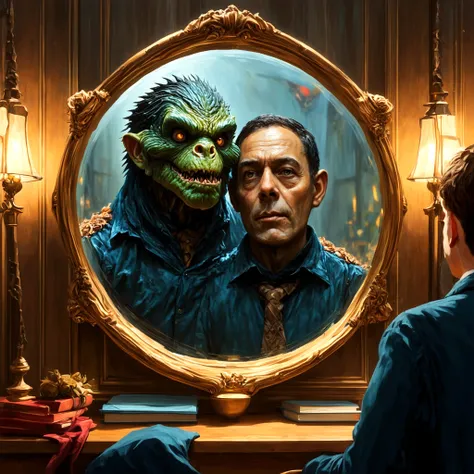 one person watching himself in a mirror, mimic monster image in mirror reflection, both person and monster are visible