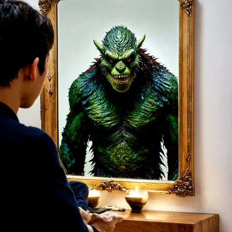 One person watching himself in a mirror, mimic monster image in mirror reflection, both person and monster are visible