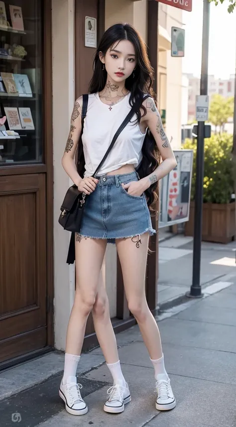 Masterpiece, Best quality, 1girll，stand posture，anatomy correct，Uniforms，White mid-tube socks，with tattoos，wavy and long hair，Accurate and delicate face，Accurate and perfect legs，Slender and slender figure，Skinny，Skinny，Smaller bust，Converse shoes，bookbag