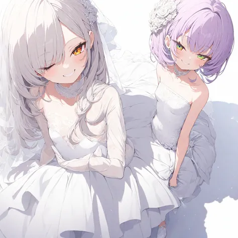 (masterpiece), (best quality), perfect face, beautiful girl, white background background, delicate and beautiful face and eyes, dark intense shadow, 
1 girl, vtuber style, cool girl, hololive, Murasaki Shion, Wedding dress, small chest, cropped shoulders, ...