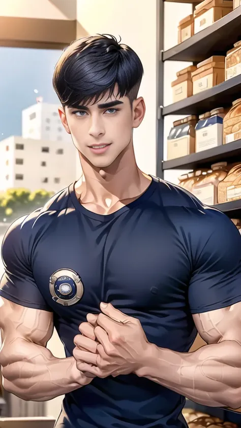 (handsome Man),(crew cut short hair:1.8),black eye,(Wear a fitted round neck t-shirt in navy with a police badge.:1.5),(fit neck),Navy blue jeans,(black_gloves:1.2), Korean guy,chest muscles,large arm muscles,blood vessel,Big muscles,Broad shoulders, (open...