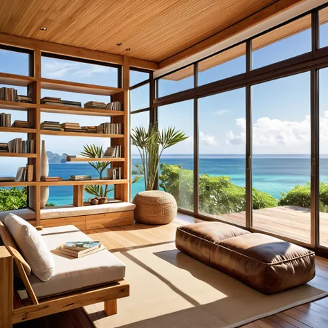 A minimalist reading space overlooking the ocean, featuring large windows with bamboo shades that offer an uninterrupted view of the sea. The interior includes a wooden bench stocked with books and a few plush poufs for comfortable seating. The natural woo...