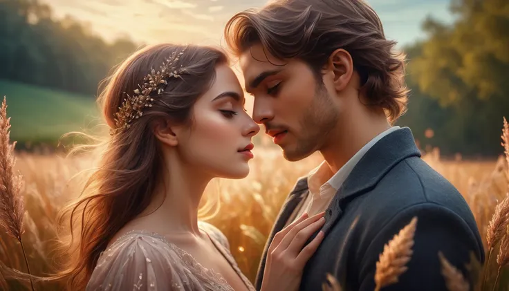 detailed portrait of two young lovers, romantic couple, mystical field, warm lighting, dreamlike, highly detailed, intricate, photorealistic, cinematic composition, soft colors, glowing aura, ethereal atmosphere, lush foliage, magical realism, beautiful de...