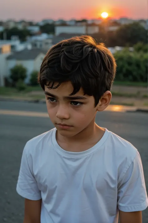 Sad young boy with sun set 