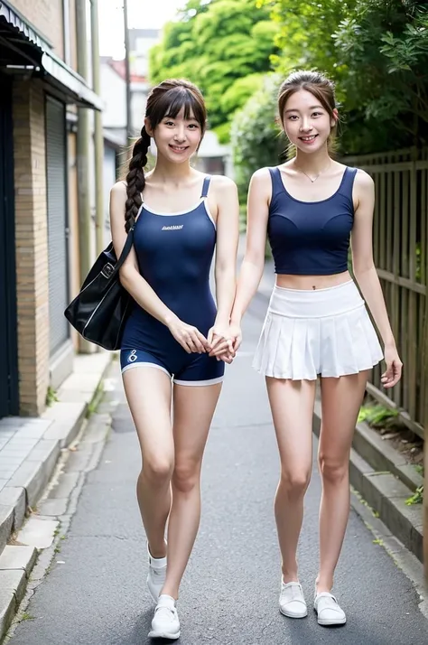 2 girls walking in sunny Japanese street,navy blue tight school swimsuit with white camisole straps and white trim,student bag,18-year-old,bangs,a little smile,thighs,knees,short hair with low pigtils or braids,from before,front light