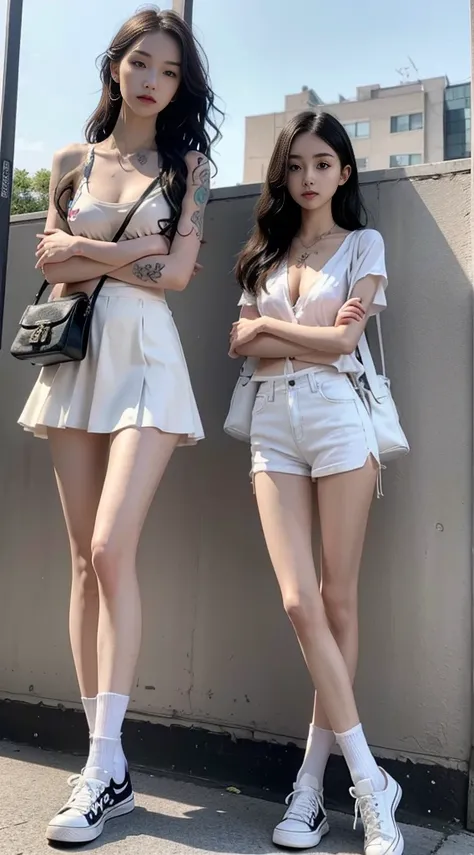 Masterpiece, Best quality, 1girll，stand posture，anatomy correct，Uniforms，White mid-tube socks，with tattoos，wavy and long hair，Accurate and delicate face，Accurate and perfect legs，Slender and slender figure，Skinny，Skinny，Smaller bust，Converse shoes，bookbag