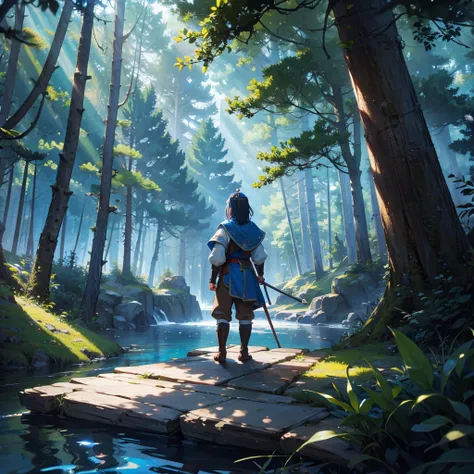 back view blue water dwarf in the forest with medieval outfit