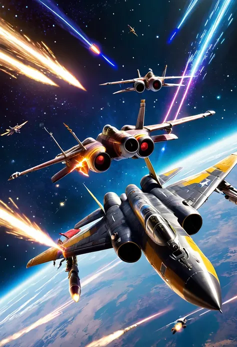 fierce dogfight small spacecrafts space darkness pilots agile maneuvers incredible speeds laser fire shoot down opponents twinkling stars light streaks combat fighters breathtaking battle infinite expanse stage tension-filled,