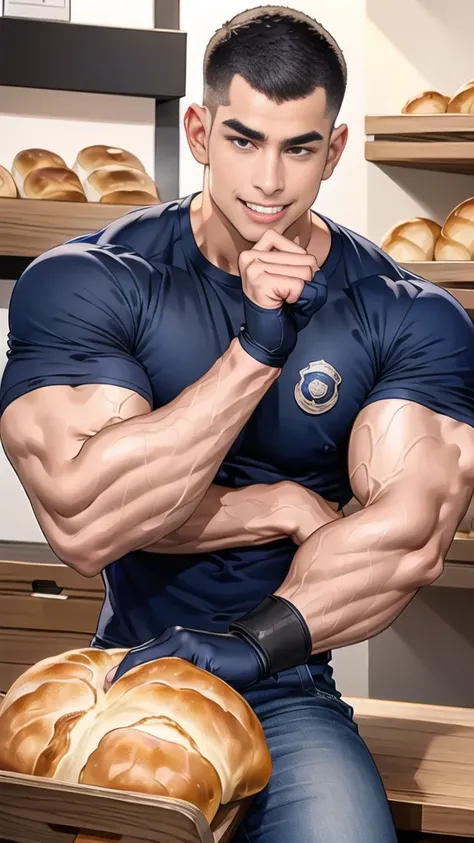 (NSFW: 1.5), (handsome Man sitting on table eating bread ),(crew cut short hair:1.8),black eye,(Wear a fitted round neck t-shirt in navy with a police badge.:1.5),(fit neck),Navy blue jeans,(black_gloves:1.2), Korean guy,chest muscles,large arm muscles,blo...