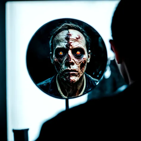 One person watching himself in a mirror, mimic Zombie image in mirror reflection, half face the zombie reflection still looks like human