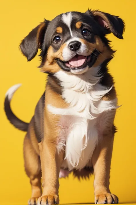 a puppy excited yellow background 