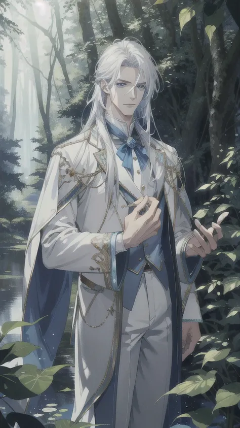 (absurdres, highres, ultra detailed), 1 male, adult, handsome, tall guy, finely detailed eyes and detailed face, white long hair, blue eyes, white garments, forest, trees full of greenery, fluttering leaves, pond, natural light and shadow, There are shiny ...