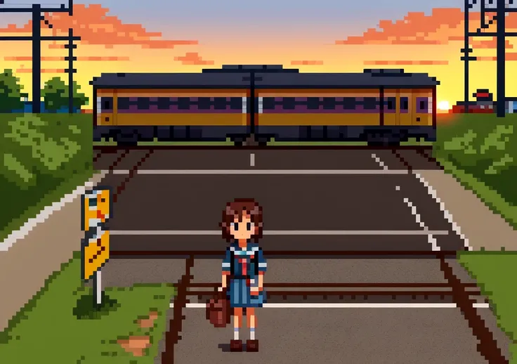 Create 3D Pixar-style cartoon scenes, summer,Rural railroad crossing,Wearing a sailor uniform,I have a bag,The girl in front of me,Watching a train pass by,Standing facing forward, waiting for the crossing to open,Sunset,Standing at the back of the railroa...