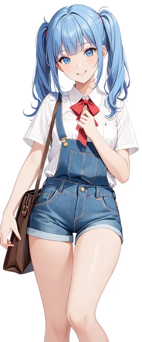 whole body, (female): 1girl, (solo), (perfect face), (detailed outfit), (little girl), beautiful female, smile (happy), blue hair, long hair, twintails hair, blue eyes, (white shirt, denim short pants), (white background), (masterpiece:1.4), (best quality)...