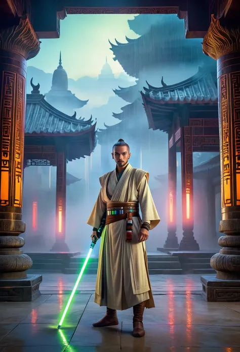 a Jedi knight in oriental setting, detailed portrait, intricate costume design, cinematic lighting, dramatic pose, glowing lightsaber, ancient temple background, mist and fog, vibrant colors, masterpiece, best quality, 8k