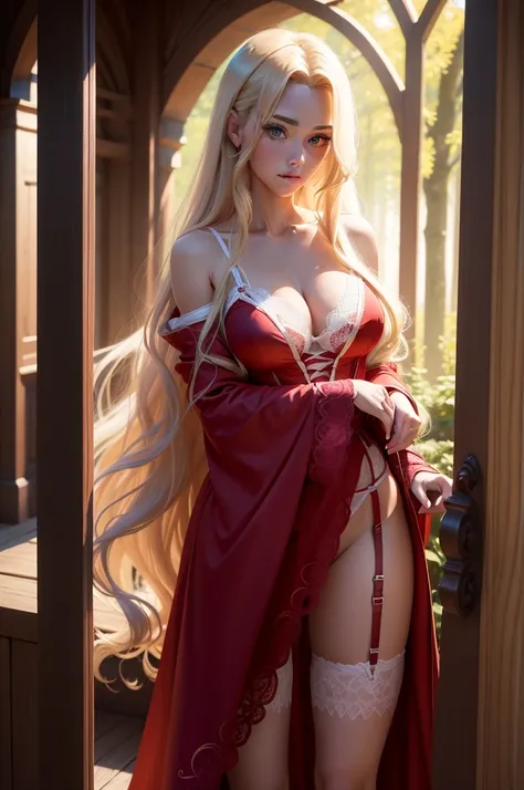 blonde, rapunzel style, long hair, long big hair, blonde hair, long hair loiro, red cloak, big red cover, longa red cloak, standing, facing the front, facing the front standing, sexly, usando lingerie white, love the branca league lingerie, lingerie, weari...