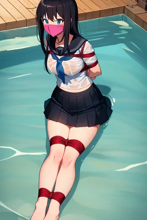 1 girl, detailed blue eyes, lange wimpern, detailed beautiful face, 4k quality, (Long black hair:1.4), (arms behind back:1.6), gefesselte Arme, Red rope, (blushing:1.3), (Big boobs:1.2), (weißes Hemd mit schwarzer krawatte, black skirt, school girl, 18 jea...