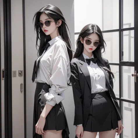 a beautiful Korean woman with long straight hair, wearing sunglasses, wearing casual clothes such as a black suit, white tie, wearing a short black skirt, is standing in an aesthetic room. HD REALISTIC