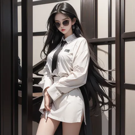 a beautiful Korean woman with long straight hair, wearing sunglasses, wearing casual clothes such as a black suit, white tie, wearing a short black skirt, is standing in an aesthetic room. HD REALISTIC