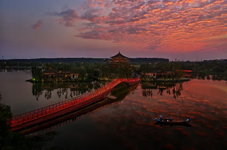 alafid bridge over the lake，there is a boat in the water, sha xi, guangjian, hangzhou, night, beautiful rendering of the tang dy...