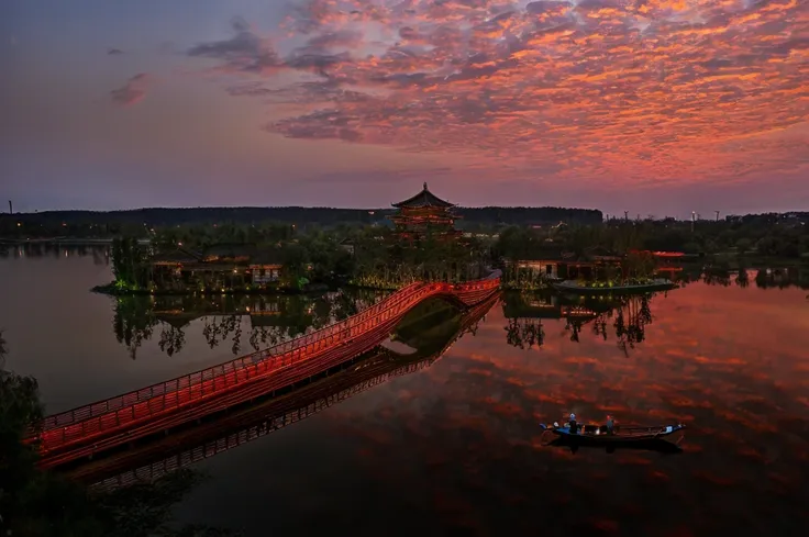 alafid bridge over the lake，there is a boat in the water, sha xi, guangjian, hangzhou, night, beautiful rendering of the tang dy...