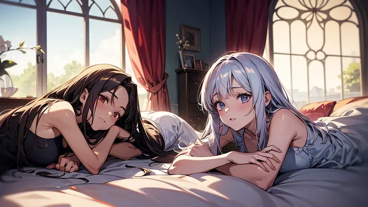 Anime image of two girls lying in bed with a window in the background, Anime drawing by Kamaguruka, Pixiv, Gothic art, Two beautiful anime girls, everyone, from Girls&#39; Frontline, trending on artstation Pixiv, Fine details. Girls&#39; Frontline, guweiz ...