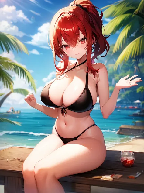 Parasol, food, basket, flip flops, vinyl sheet, Beaches and sands, Calm expression, Perfect hands, elder, Red Hair, The dignity of a 50-year-old, 落ち着きのあるwoman, solo、(Highly detailed background:1.0)、(Highly detailed background:1.0)、masterpiece、Highest quali...