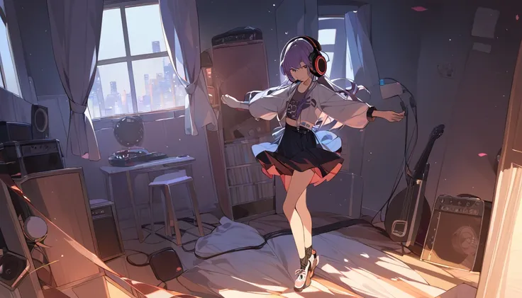 A girl dancing solo with headphones on in her room - "Solo jam session",chat ear、Dancing Girl