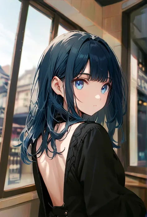 Half body portrait of a young woman  , blue long hair, blue eyes, wears all black . Stand and look back. Look back. Half-body image. Look back. cafe window background ,detailed